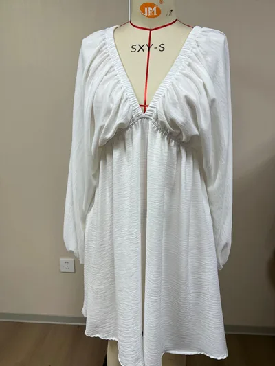 V neck Long sleeve Dress Self designed Puff Sleeve Swing Skirt White - Shop at LoveMi