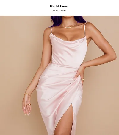 Sexy Slit Satin European And American Slim Sleeveless Split Skirt Light Pink - Shop at LoveMi