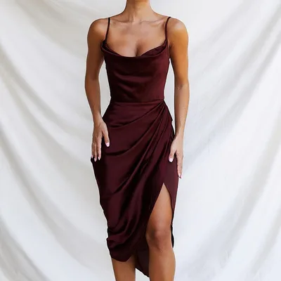 Sexy Slit Satin European And American Slim Sleeveless Split Skirt Wine Red - Shop at LoveMi