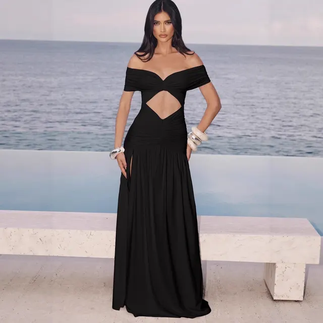 Backless Slim Fit European And American Style Dress Mesh Pleated Slit Skirt Black - Shop at LoveMi