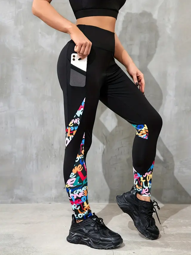 Color Contrast Patchwork Fashion Hip Raise High Waist Tight Sports Yoga Pants Leggings Letters - Shop at LoveMi