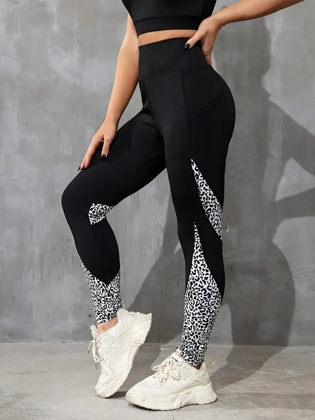 Color Contrast Patchwork Fashion Hip Raise High Waist Tight Sports Yoga Pants Leggings White Leopard Print - Shop at LoveMi