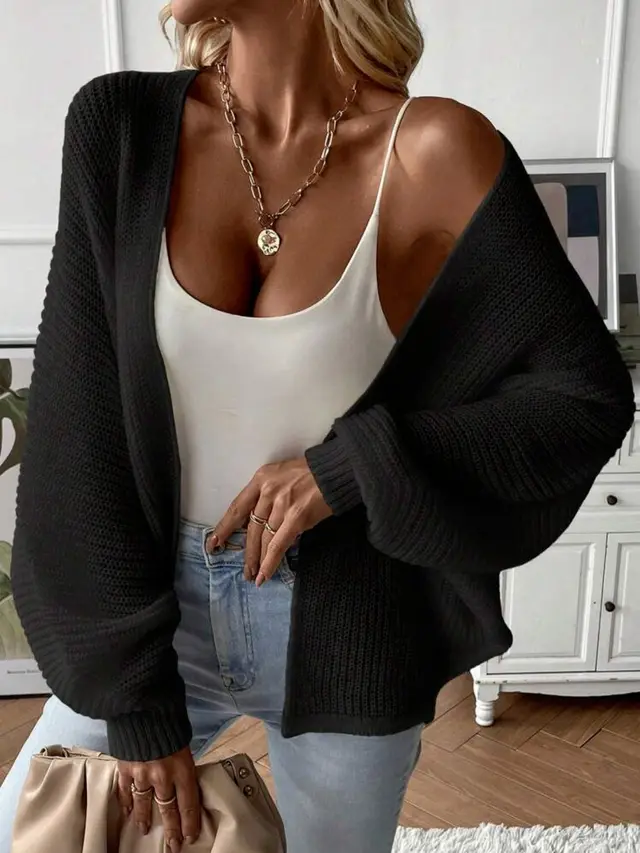 Batwing Sleeve Cardigan Solid Color Cardigan Black - Shop at LoveMi