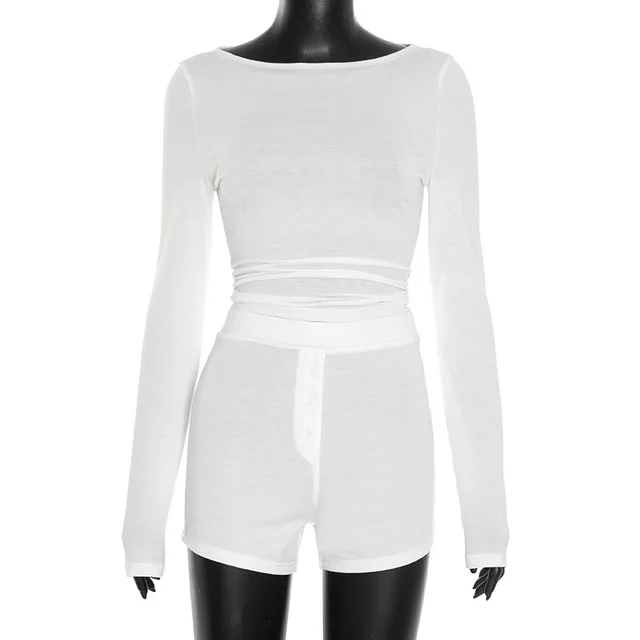 Women's Casual Slim Long Sleeve Top Shorts Suit White - Shop at LoveMi
