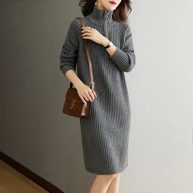 New Half Zipper Loose Casual Long Sleeves Stand Collar Woolen Skirt Gray - Shop at LoveMi
