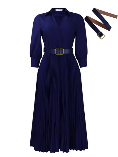 Autumn And Winter New Elegant Polo Collar Solid Color Large Swing Pleated Dress Blue - Shop at LoveMi