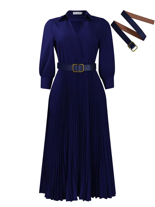 Autumn And Winter New Elegant Polo Collar Solid Color Large Swing Pleated Dress Dark Blue Belt - Shop at LoveMi