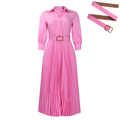 Autumn And Winter New Elegant Polo Collar Solid Color Large Swing Pleated Dress Pink Belt - Shop at LoveMi
