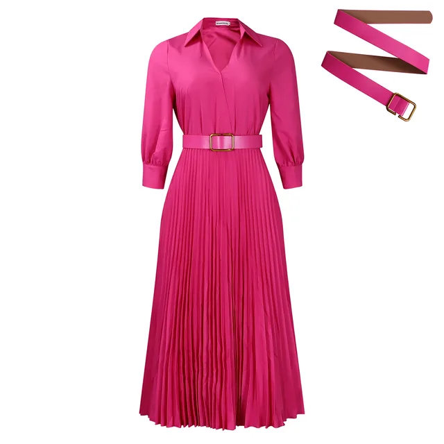 Autumn And Winter New Elegant Polo Collar Solid Color Large Swing Pleated Dress Rose Red Belt - Shop at LoveMi