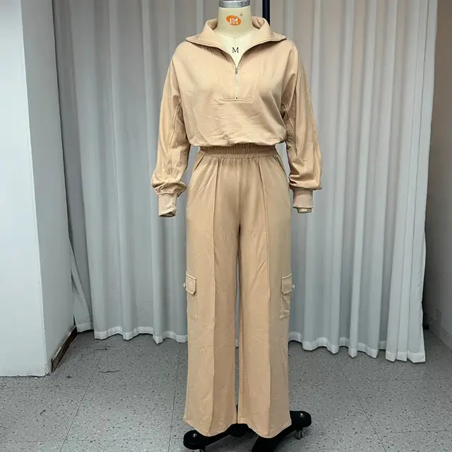 Women's Lapel Short Top High Waist Work Clothes Wide Leg Pants Two piece Set Light Camel - Shop at LoveMi