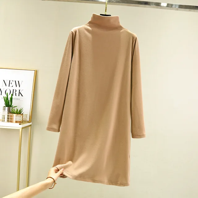 Loose Casual Long Sleeves Half high Collar Inner Match Mid length Dress Apricot Beige - Shop at LoveMi