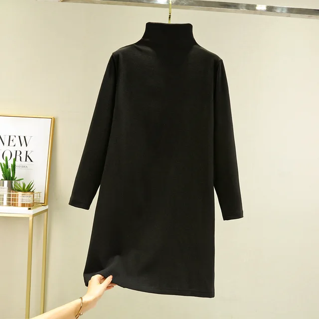 Loose Casual Long Sleeves Half high Collar Inner Match Mid length Dress Black - Shop at LoveMi
