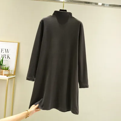 Loose Casual Long Sleeves Half high Collar Inner Match Mid length Dress Dark Gray Grey - Shop at LoveMi