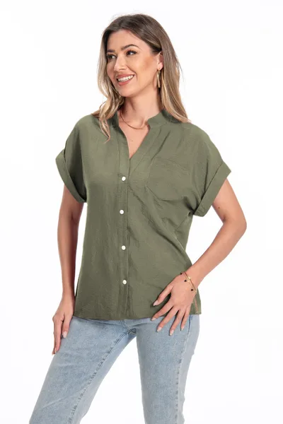 Stand Collar Button Fashion Comfortable Short Sleeve Women's Summer Top Army Green - Shop at LoveMi