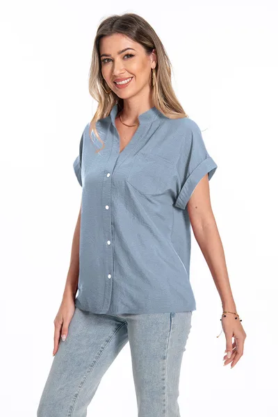 Stand Collar Button Fashion Comfortable Short Sleeve Women's Summer Top Blue - Shop at LoveMi