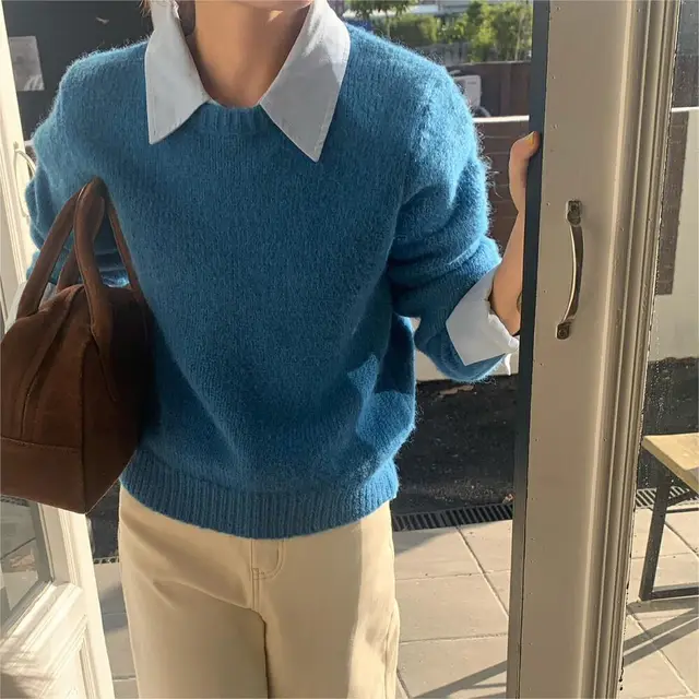 Idle Style Contrast Color Lapels Knitwear Top For Women Blue - Shop at LoveMi