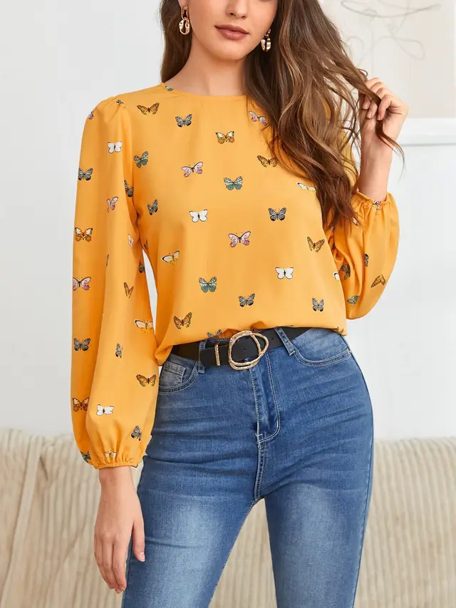 Women's Long sleeved Shirt Butterfly Print Orange - Shop at LoveMi