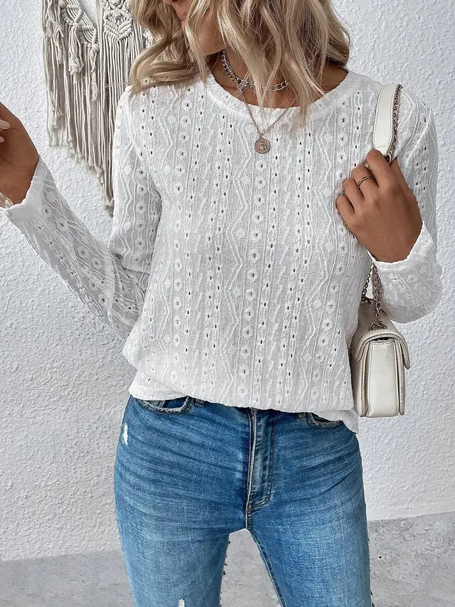 Solid Color Round Neck Long Sleeve Hollow T shirt Top White - Shop at LoveMi