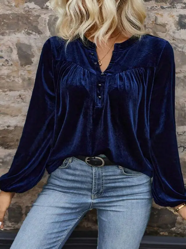 Casual Temperament Commute Button Long Sleeve Top Blue - Shop at LoveMi