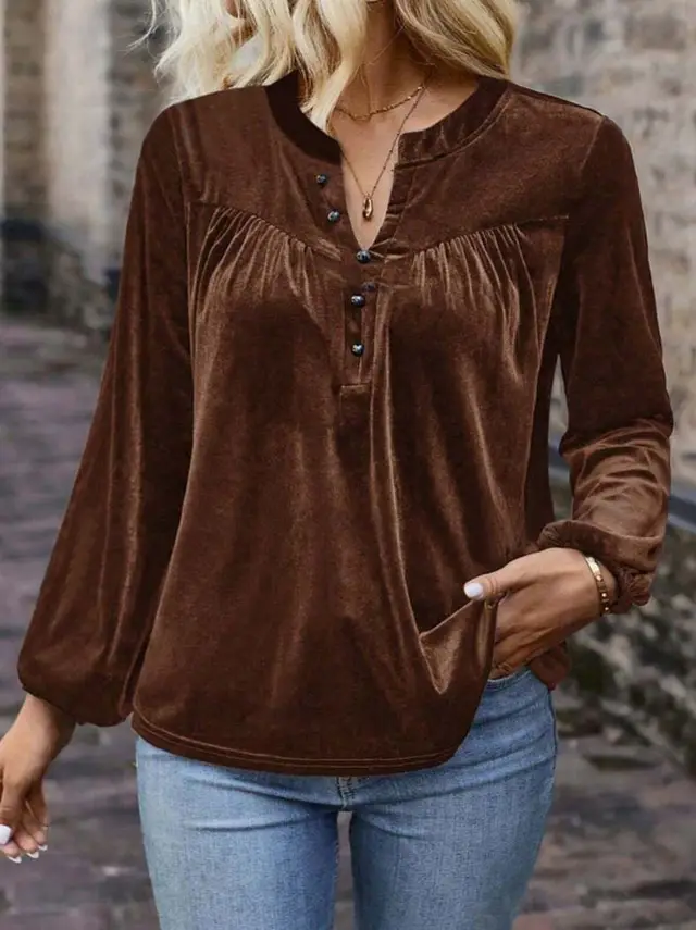 Casual Temperament Commute Button Long Sleeve Top Brown - Shop at LoveMi