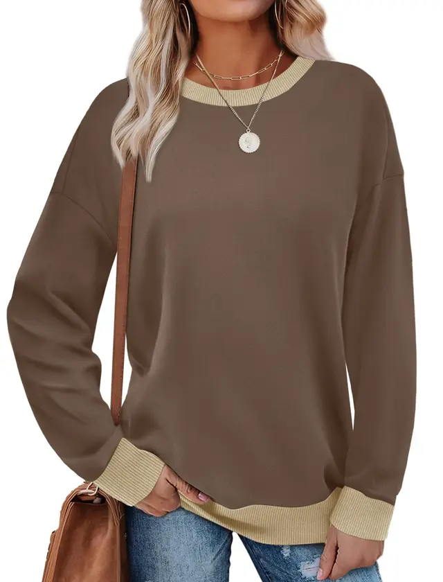 Loose Round Neck Striped Long sleeved Top Women Khaki - Shop at LoveMi