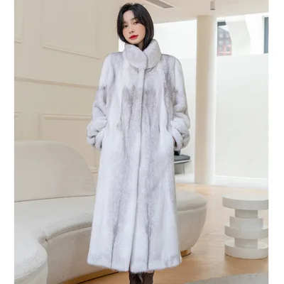 Fashionable Stylish Stand up Collar Thermal Light Mink Fur Coat White - Shop at LoveMi