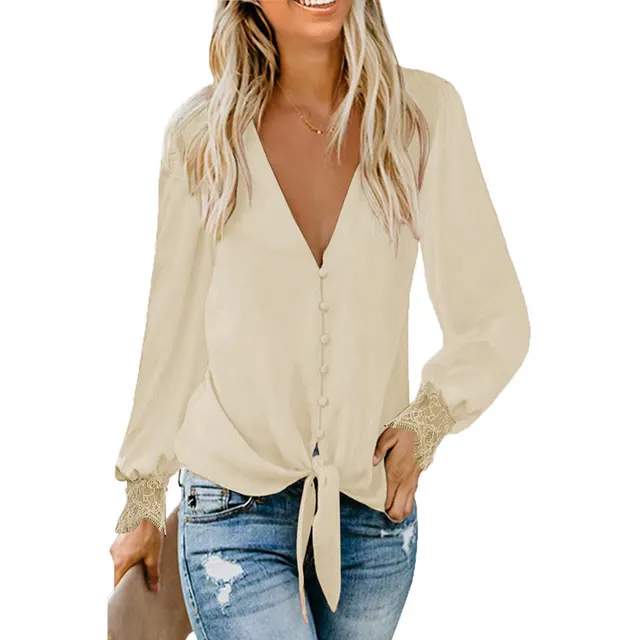 V neck Solid Color Hem Lace up Loose Top Apricot - Shop at LoveMi