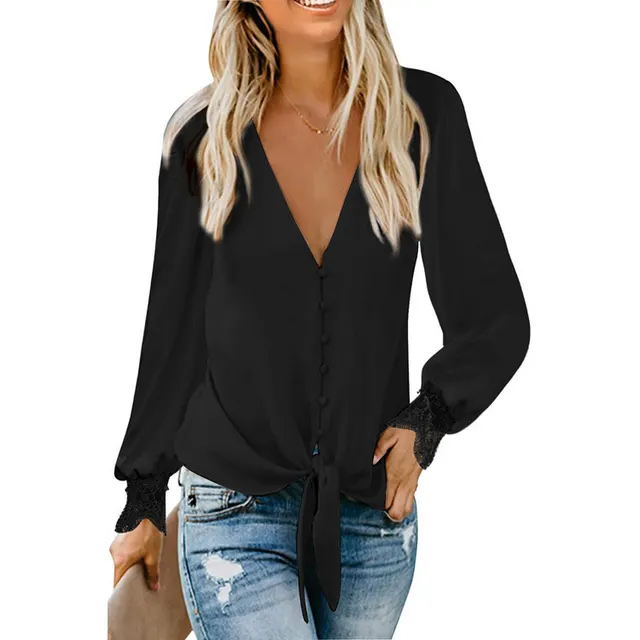 V neck Solid Color Hem Lace up Loose Top Black - Shop at LoveMi