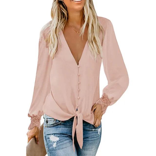 V neck Solid Color Hem Lace up Loose Top Pink - Shop at LoveMi