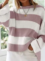 Women's Bell Sleeve Loose Sweater Striped - Pink