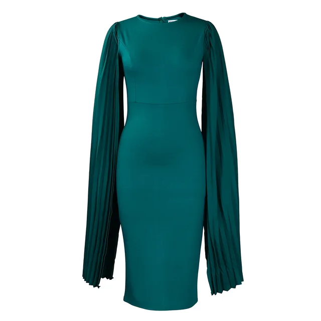 Round Neck Pleated Shawl Banquet Party Evening Gown Green - Shop at LoveMi