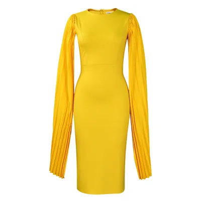 Round Neck Pleated Shawl Banquet Party Evening Gown Yellow - Shop at LoveMi