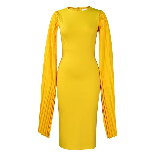 Round Neck Pleated Shawl Banquet Party Evening Gown Yellow - Shop at LoveMi