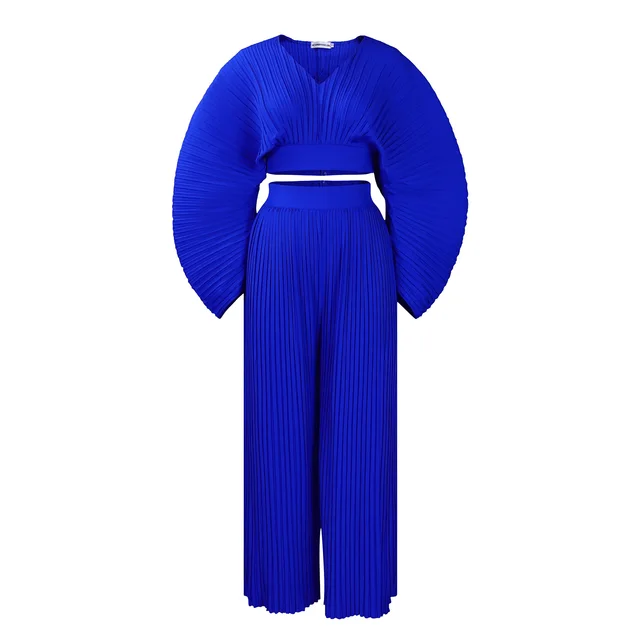 Top Wide Leg Trousers Two piece Set African Suit Sapphire Blue - Shop at LoveMi