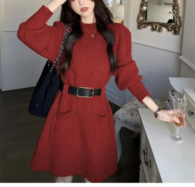 Long Sleeve Loose Knitted Base Dress Women Red - Shop at LoveMi