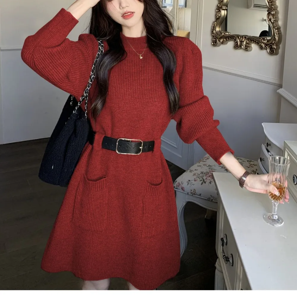 Long Sleeve Loose Knitted Base Dress Women - Red