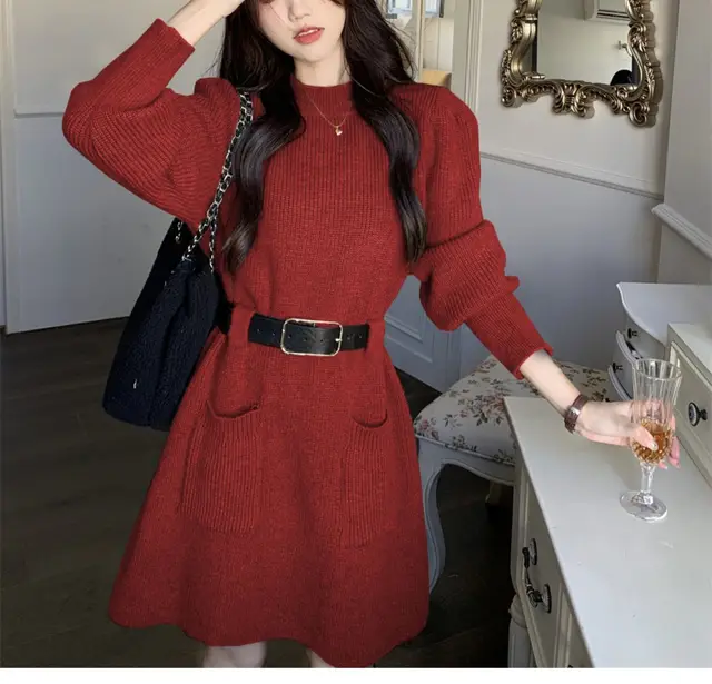 Long Sleeve Loose Knitted Base Dress Women Red - Shop at LoveMi