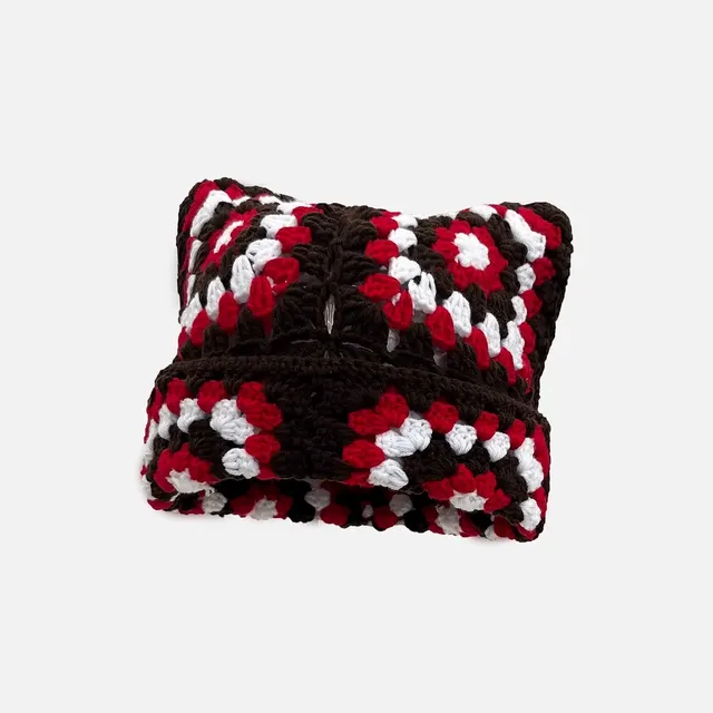 New Cat Ear Mosaic Knitted Hat Children Red Coffee Color - Shop at LoveMi