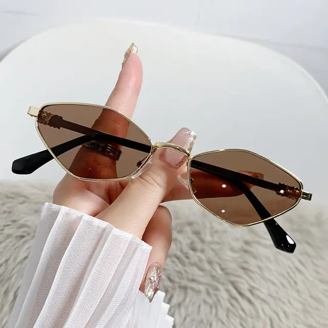 Metal Small Frame Rhombus Cat Eye Sunglasses Full Coffee - Shop at LoveMi