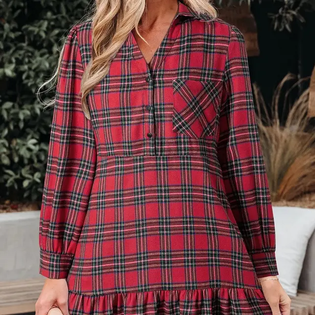 Red Plaid Shirt Collar Half Button Ruffle Hem Long Sleeve Mini Dress Red - Shop at LoveMi