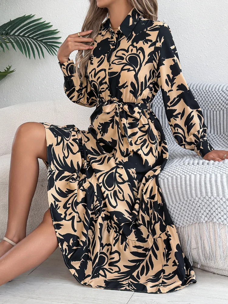 Women's Clothing Spring And Summer Leisure Flower Long Sleeve Shirt Skirt - Khaki - View 1