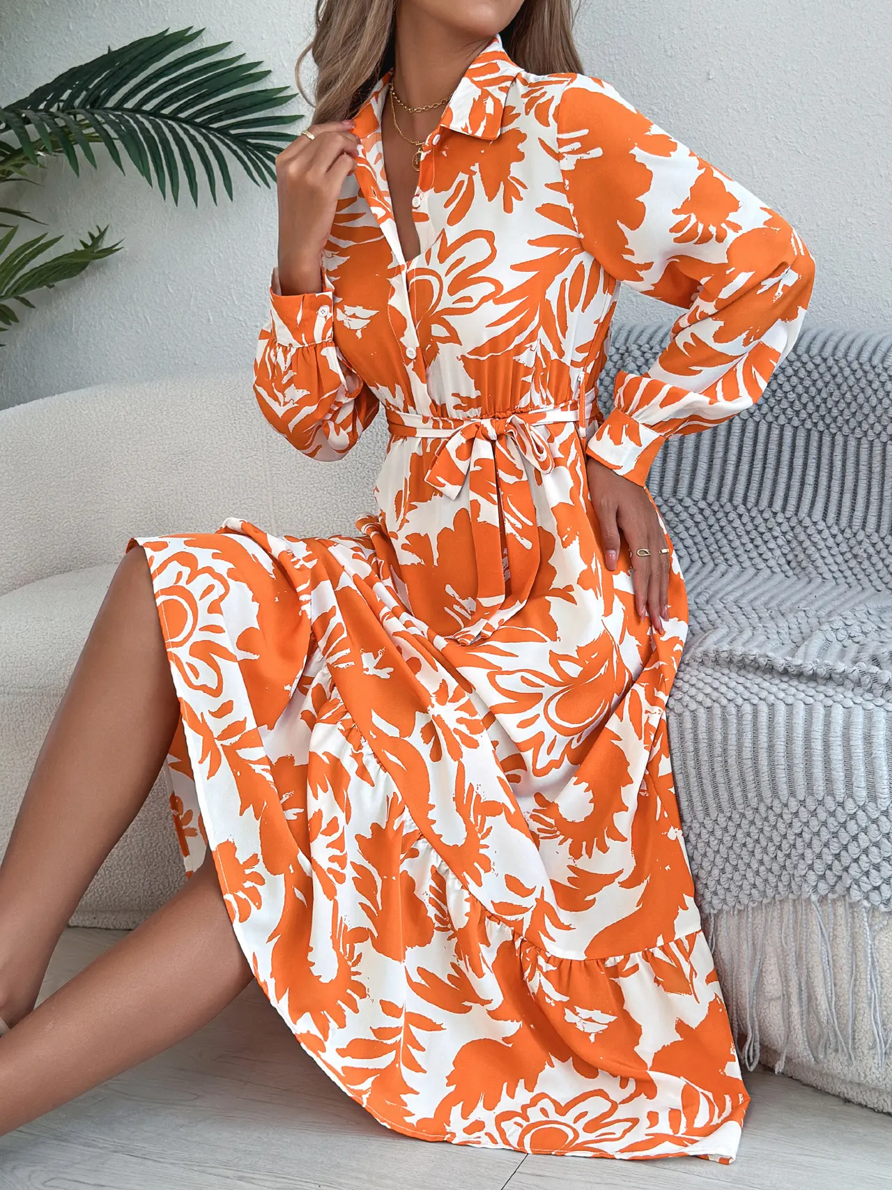 Women's Clothing Spring And Summer Leisure Flower Long Sleeve Shirt Skirt - Orange - View 1