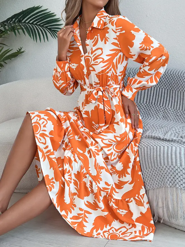 Women's Clothing Spring And Summer Leisure Flower Long Sleeve Shirt Skirt Orange - Shop at LoveMi