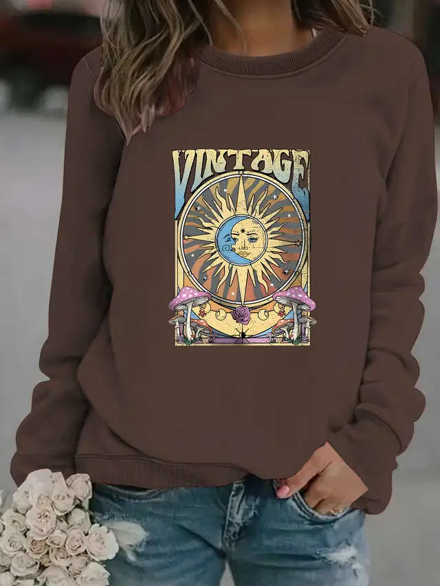 Women's Autumn And Winter Clothing Casual Long Sleeve Round Neck Sun Moon Print Pullover Sweater Sweatshirt Brown - Shop at LoveMi