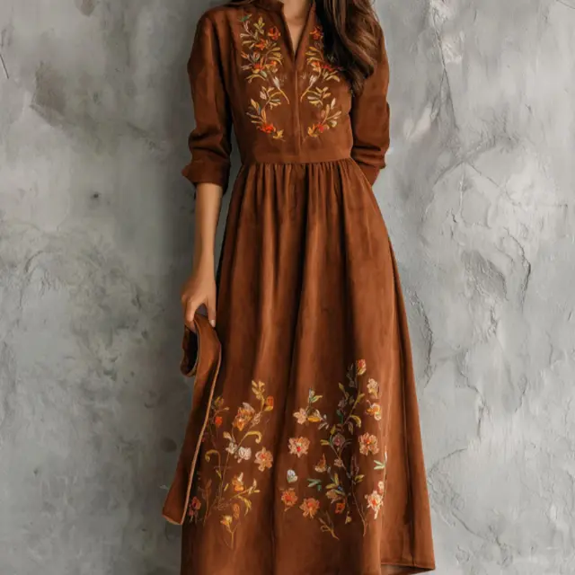 Vintage Brown Floral Embroidered Suede Midi Dress Brown - Shop at LoveMi