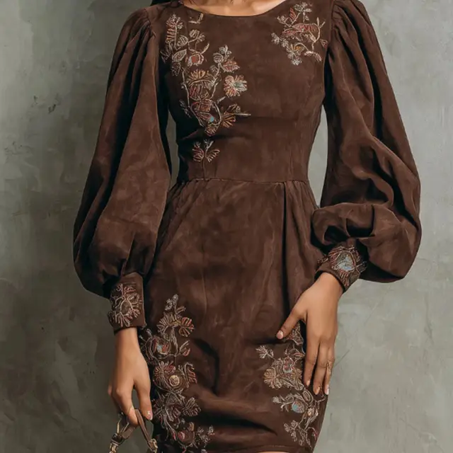 Boho Brown Puff Sleeve Floral Embroidered Suede Mini Dress Brown - Shop at LoveMi