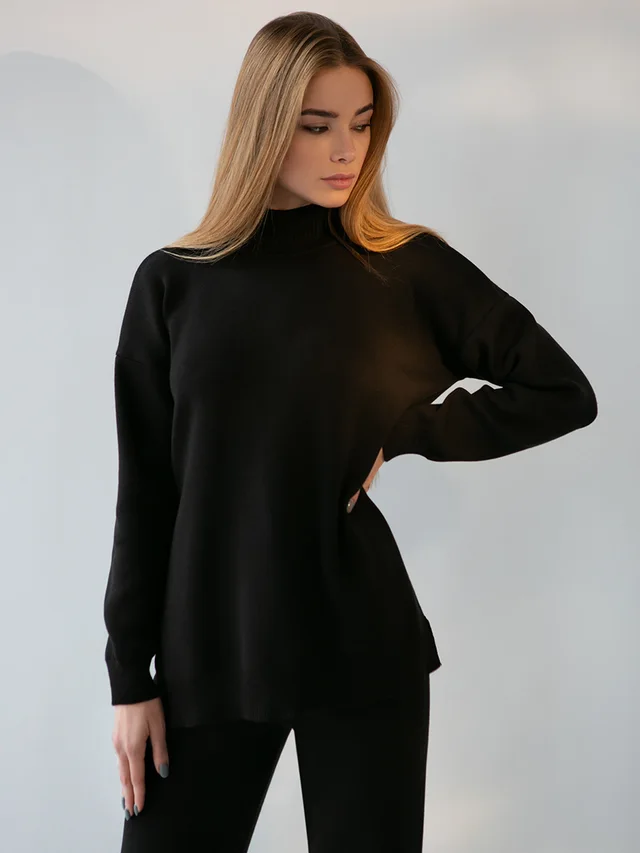 Women's Turtleneck Soft Fashion Casual Slit Sweater Suit Black - Shop at LoveMi