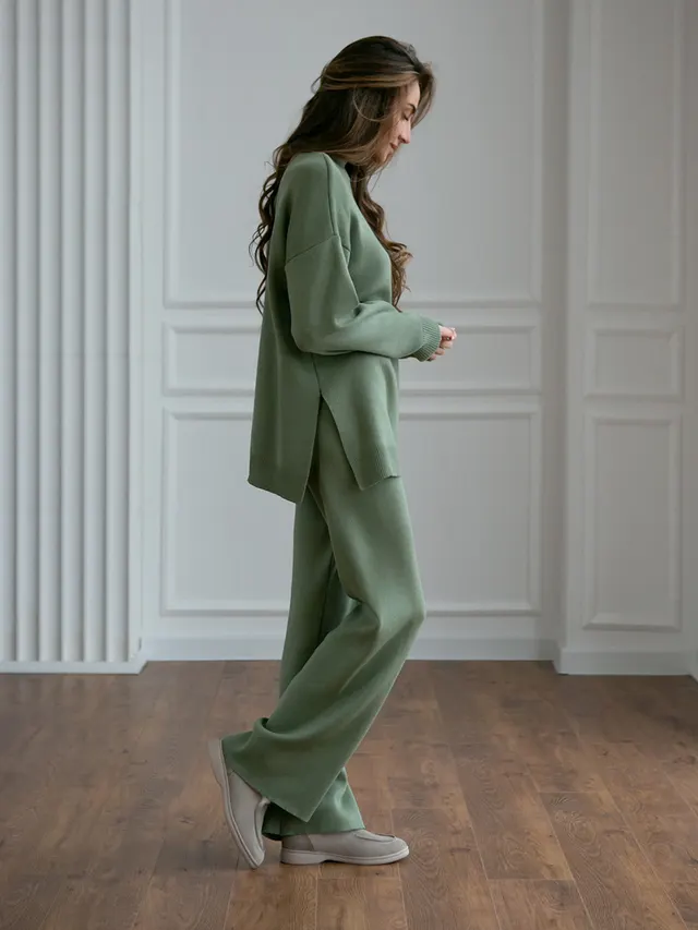 Women's Turtleneck Soft Fashion Casual Slit Sweater Suit Green - Shop at LoveMi