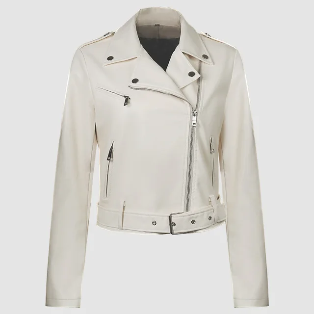 Lapel Short Belt Women's PU Simple Leather Jacket Motorcycle Jacket Milky White - Shop at LoveMi