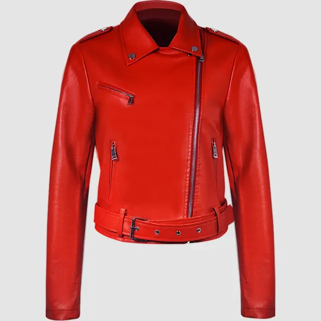 Lapel Short Belt Women's PU Simple Leather Jacket Motorcycle Jacket Red - Shop at LoveMi